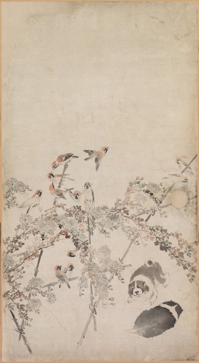 Cachorros, gorriones y crisantemos de Nagasawa Rosetsu