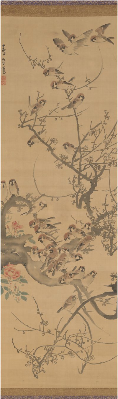 Gorriones en un ciruelo de Nagasawa Rosetsu