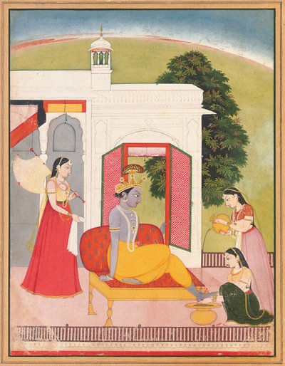 Los pies de Krishna lavados por sirvientas, Punjab Hills, Basohli, c.1780 de Nainsukh