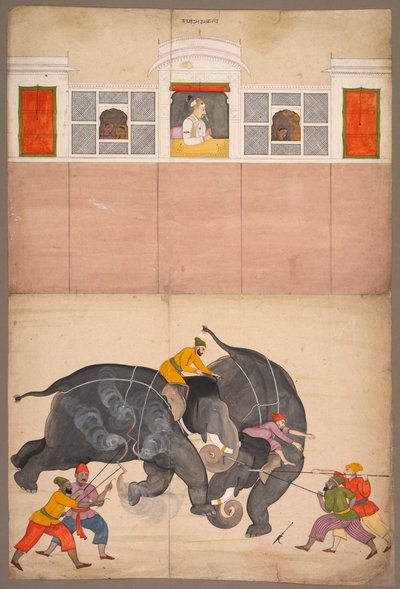 Dos elefantes peleando en un patio ante Muhammad Shah, c. 1730-40 de Nainsukh