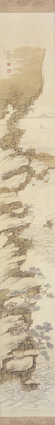 Cliffside Landscape With Boats (tinta y color sobre seda) de Nakabayashi Chikkei