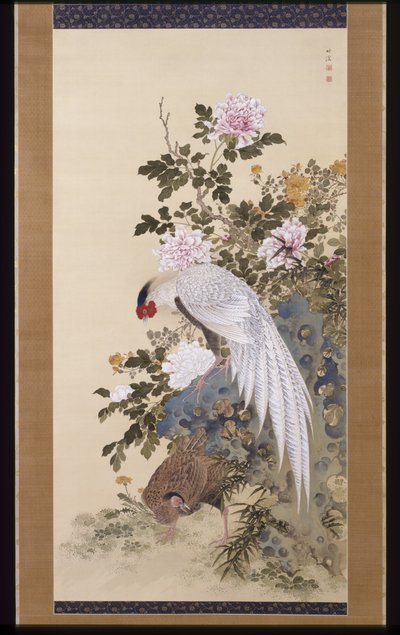 Peonías y faisanes plateados (tinta y color sobre seda) de Nakabayashi Chikkei