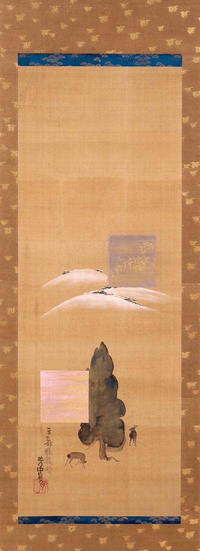 Eight Views Of Yamato: Snow On Mt. Mikasa, And Deer In Kasuga Field (tinta, color sobre seda) de Nakamura Hochu