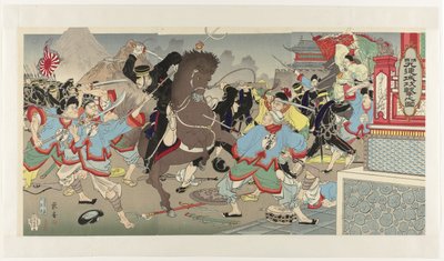 El ataque a Jiuliancheng en Manchuria Shinkoku Kûrenjô kôgeki no zu de Nakamura Shûkô