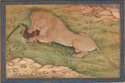 Peligros de la caza, un león se abalanza sobre un cazador, c.1615 de Nanha
