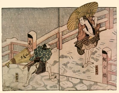 Hombres descalzos con parasoles en la nieve de Naniwa Shunkosai