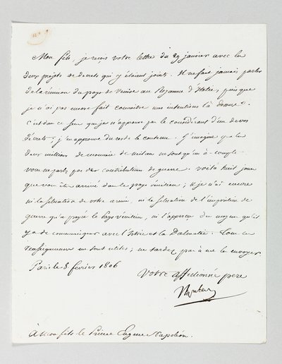 Carta firmada de Napoleón a su hijastro, el Príncipe Eugène de Beauharnais de Napoleon Bonaparte