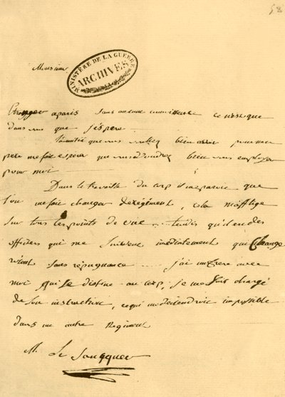 Carta de Napoleón a Le Saucquer, secretario de guerra, 3 de junio de 1791, 1921 de Napoleon Bonaparte I