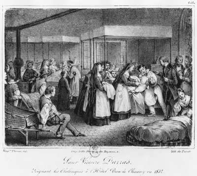 Hermana Victoire Darras atendiendo a las víctimas del cólera en el Hotel-Dieu de Chauny, 1832 de Napoleon Thomas