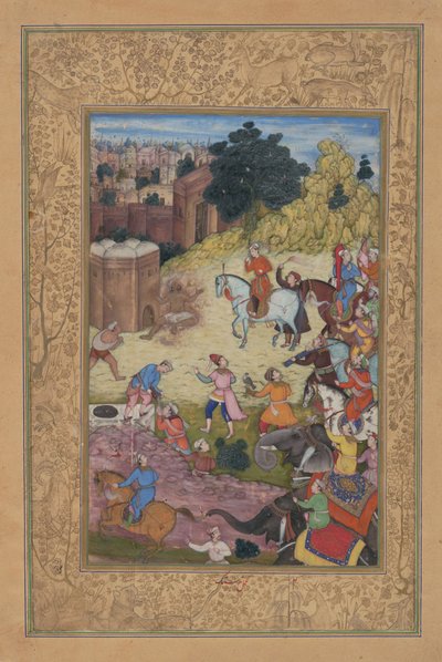 Un encargado de baños es consumido por la pasión por su amada, Folio de un Khamsa, 1597-98 de Nar Singh