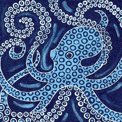 Pulpo de anillos azules, 2010 (xilografía en color) de Nat Morley