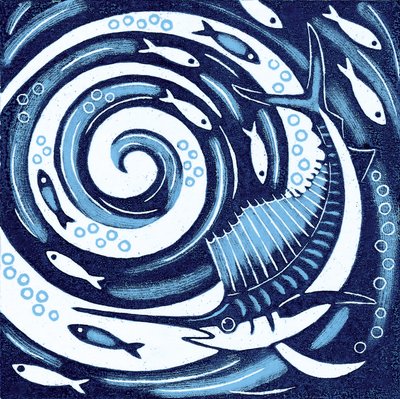 Pez vela, 2010 (xilografía en color) de Nat Morley
