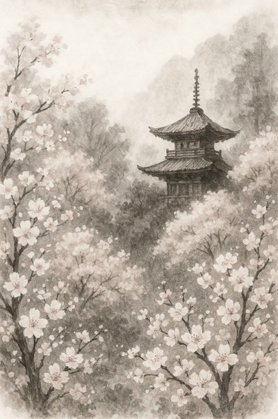 Flores de cerezo pagoda japonés de Natalie Bruns