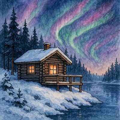 Cabaña nevada y auroras boreales de Natalie Bruns