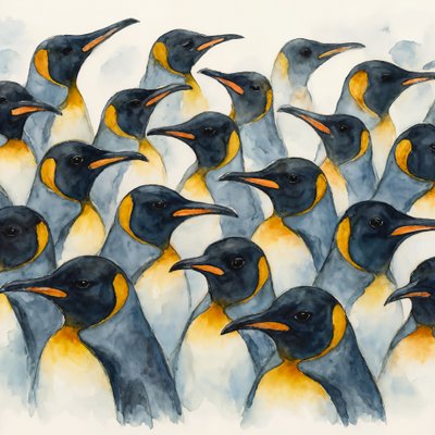 Pingüinos emperador en acuarela de Natalie Bruns
