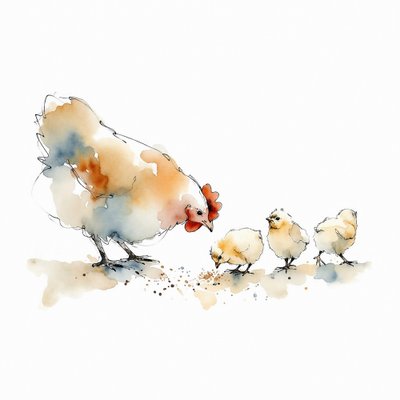 Gallina y pollitos en acuarela de Natalie Bruns