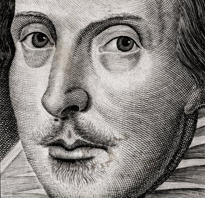 Detalle del retrato de William Shakespeare en el frontispicio de Comedias, historias,  t... de Nathan Benn