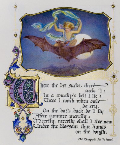 Página iluminada de un libro de sonetos de Shakespeare que representa una escena de La Tempestad de Nathan Benn
