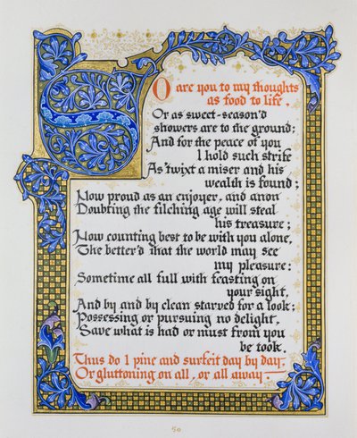 Página de canciones y sonetos de Shakespeare con iluminación de Nathan Benn