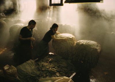 Trabajadores clasificando pieles de animales que se procesan en una antigua curtiduría de Salem, Massachusetts. de Nathan Benn