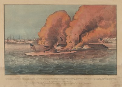 Combate terrible entre el Monitor 2 cañones y Merrimac 11 cañones en Hampton Roads de Currier and Ives