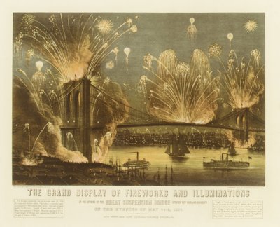 El Gran Espectáculo de Fuegos Artificiales e Iluminaciones en la Inauguración del Gran Puente Colgante de Currier and Ives