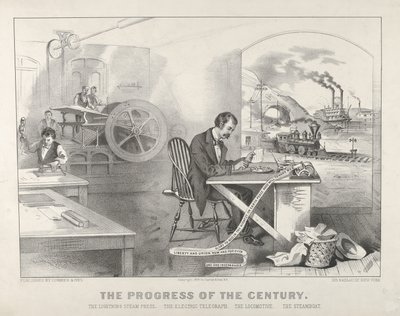 El Progreso del Siglo - La Prensa de Vapor Relámpago. El Telégrafo Eléctrico. La Locomotora, 1876 de Currier and Ives