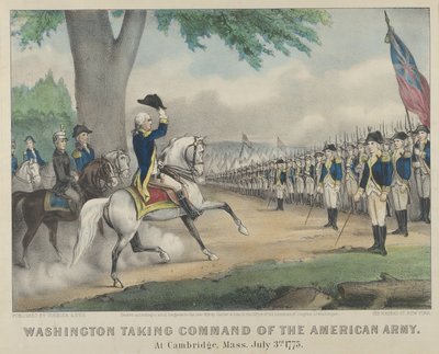 Washington tomando el mando del ejército americano en Cambridge, Massachusetts de Currier and Ives