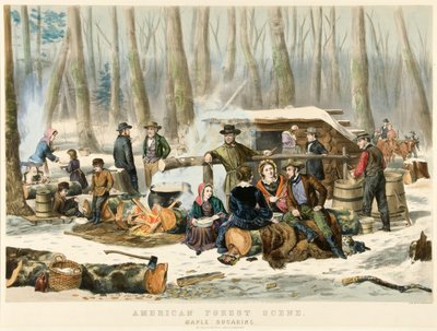 Escena del bosque americano - Recolección de jarabe de arce, pub. 1855 de Nathaniel Currier