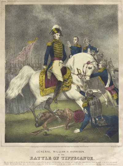 General William H. Harrison en la batalla de Tippecanoe, pub. 1840 de Nathaniel Currier