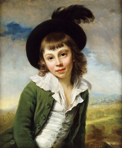 El chico verde: Retrato de un niño medio cuerpo, con un abrigo verde y sombrero negro con una pluma, 1782 de Nathaniel Hone