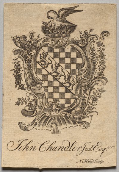 Exlibris: Escudo de Armas con John Chandler Jun.r, Esq. inscrito de Nathaniel Hurd