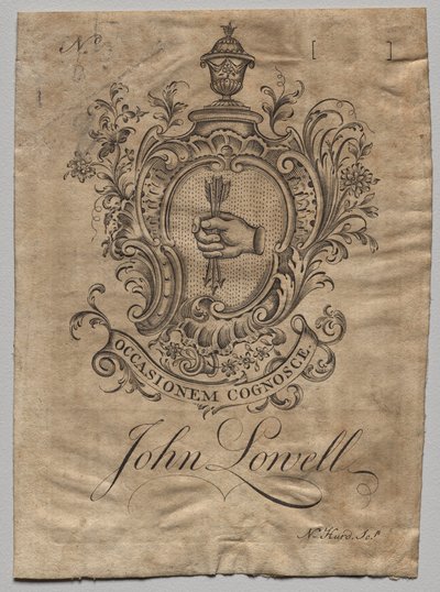 Ex libris: Escudo de armas con la inscripción John Lowell de Nathaniel Hurd
