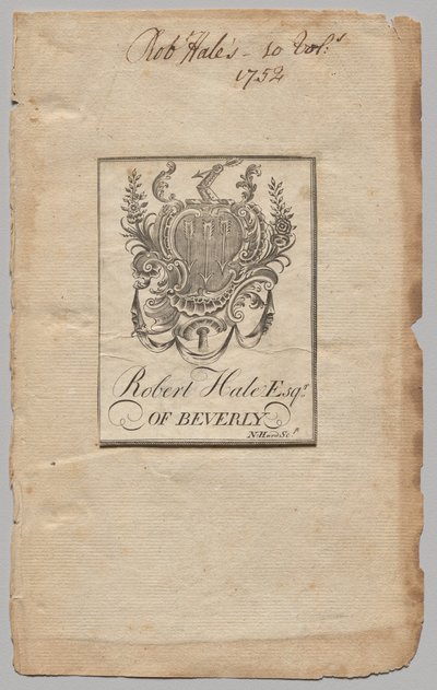 Ex libris: Escudo de armas con Robert Hale, Esq. inscrito de Nathaniel Hurd