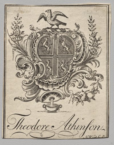 Ex libris: Escudo de armas con Theodore Atkinson inscrito de Nathaniel Hurd