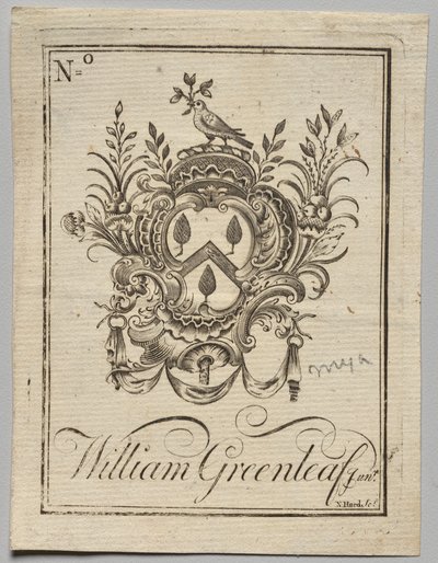 Exlibris: Escudo de Armas con William Greenleaf Jun.r inscrito de Nathaniel Hurd