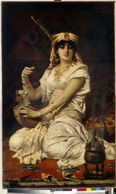 Almee (Almee). Retrato de una mujer bella, erudita y educada, tocando música, vestida con un traje egipcio. Pintura de Nathaniel Sichel (1843-1907), óleo sobre lienzo de Nathaniel Sichel