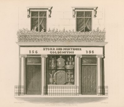 Fachada de estilo jónico de Messrs Storr y Mortimer, orfebres y joyeros, No 156, Bond Street, Londres de Nathaniel Whittock