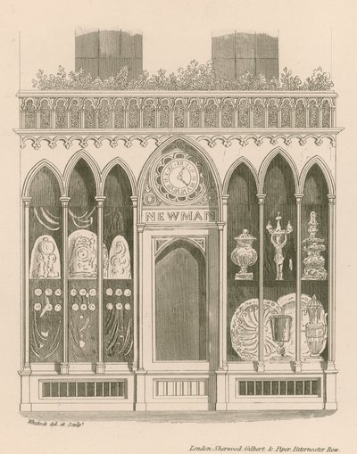 Diseño de fachada de tienda en el estilo inglés temprano de Nathaniel Whittock