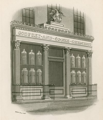 Frente de la tienda de Godfrey y Cooke, Químicos, Conduit Street, Londres de Nathaniel Whittock