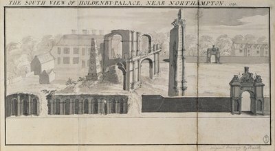 Vista sur de Holdenby House y ruinas como se veían en 1729 de Nathaniel and Samuel Buck