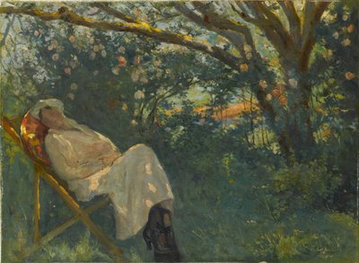 Mujer de rosa en una chaise longue de Nazmi Ziya Güran
