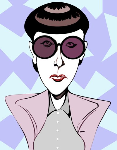 Edith Head, diseñadora de vestuario estadounidense, caricatura en color con gafas oscuras de Neale Osborne