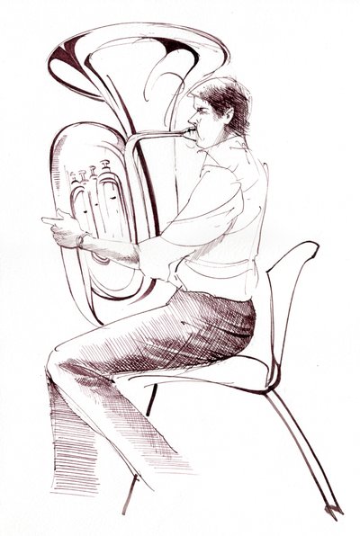 Tocador de tuba - dibujo a tinta de un músico actuando de Neale Osborne