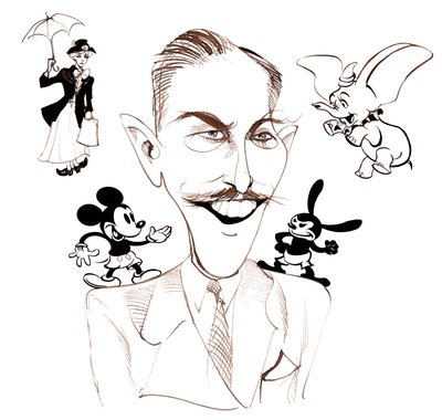 Walt Disney, productor de cine estadounidense, magnate de negocios, dibujante y animador; caricaturizado con Mary Poppins de Neale Osborne