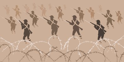 Soldados de la Primera Guerra Mundial con bayonetas - emergiendo de las trincheras de Neale Osborne