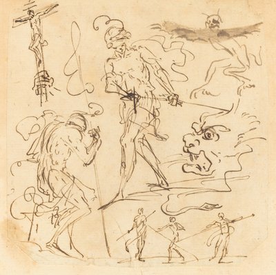 Hoja de estudios con un soldado desenvainando una espada, un crucifijo, animales monstruosos y otras figuras de Neapolitan 17th Century