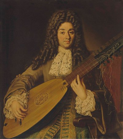 Retrato de un músico, probablemente Petruccio, medio cuerpo, tocando un laúd de Neapolitan School