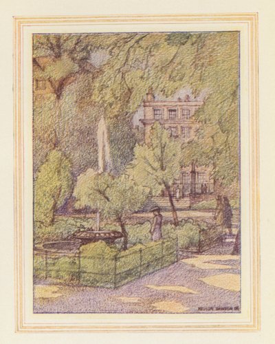 En los Jardines del Templo, Patio de las Fuentes (litografía en color) de Nelson Dawson