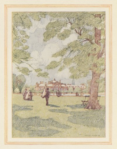 Palacio de Kensington desde los jardines (litografía en color) de Nelson Dawson